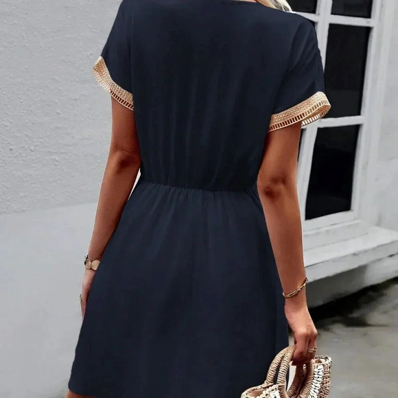 Navy Blue Casual Women's Stylish Summer V-Neck Fringed Belted Dress - Picture 2 of 7